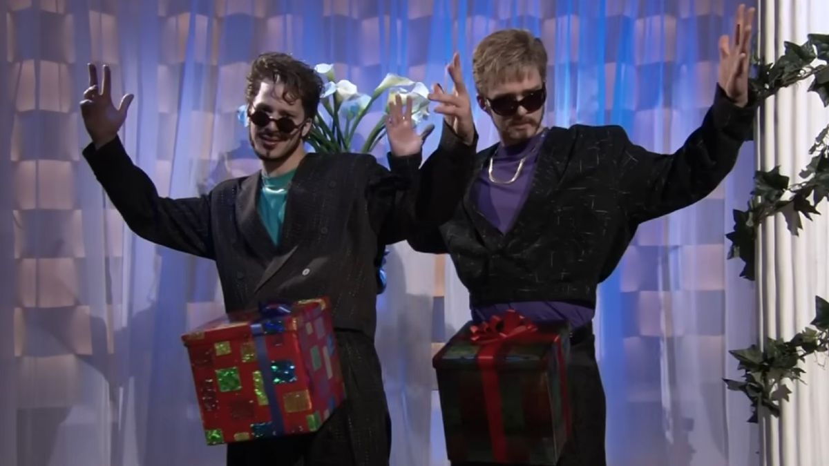 Andy Samberg and Justin Timberlake in the &quot;Dick in a Box&quot; digital short for Saturday Night Live.