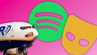 Ryanair plane with face, Spotify logo and Grindr logo.