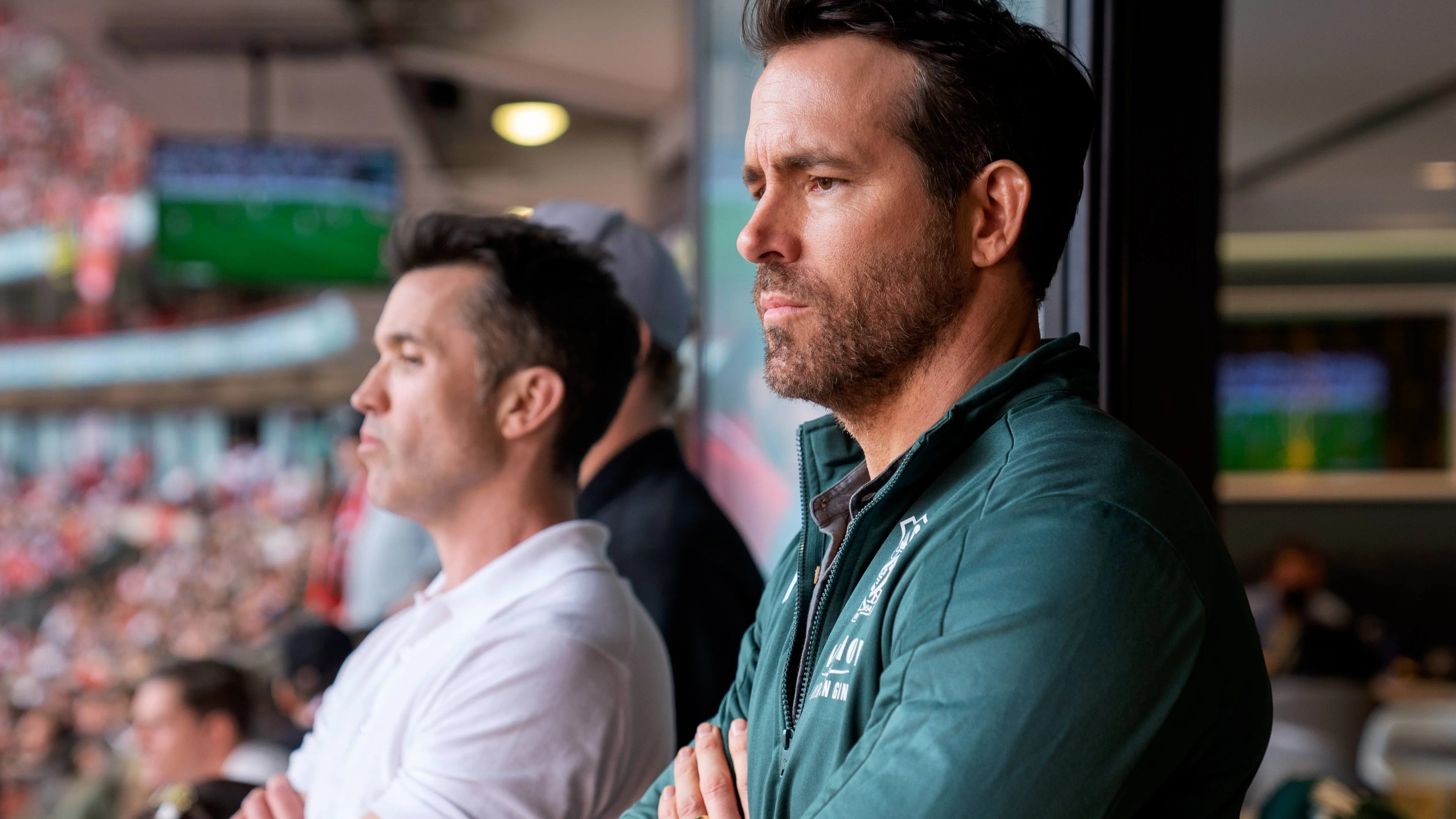 Rob McElhenney and Ryan Reynolds during filming for Welcome to Wrexham