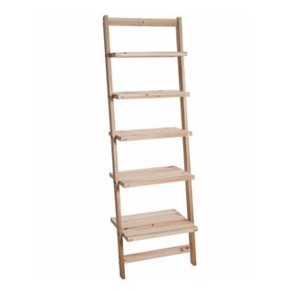A wooden ladder shelf