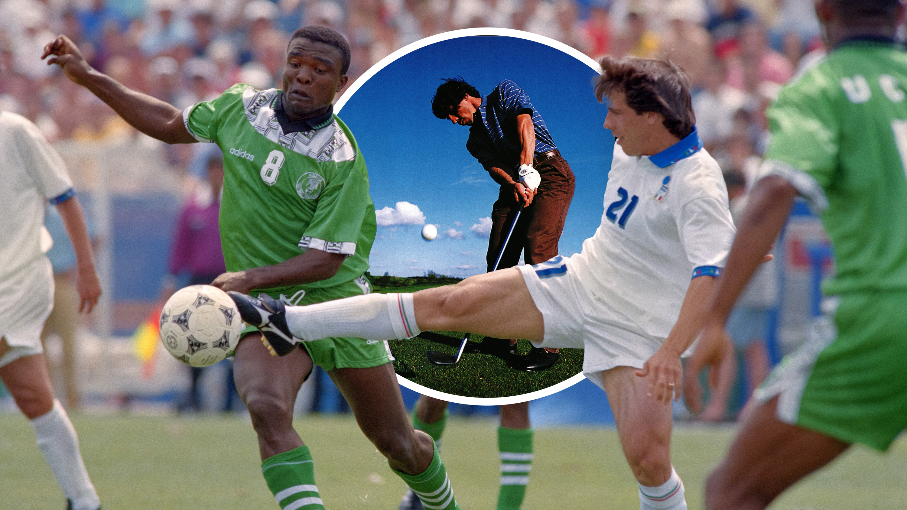 Gianfranco Zola playing at the World Cup in 1994, for Italy vs Nigeria, with an inset image of Gianfranco Zola hitting a golf shot