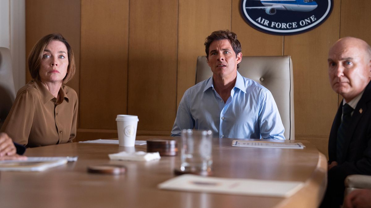 Julianne Nicholson, James Marsden and Matt Malloy sitting around a table in Paradise episode 7