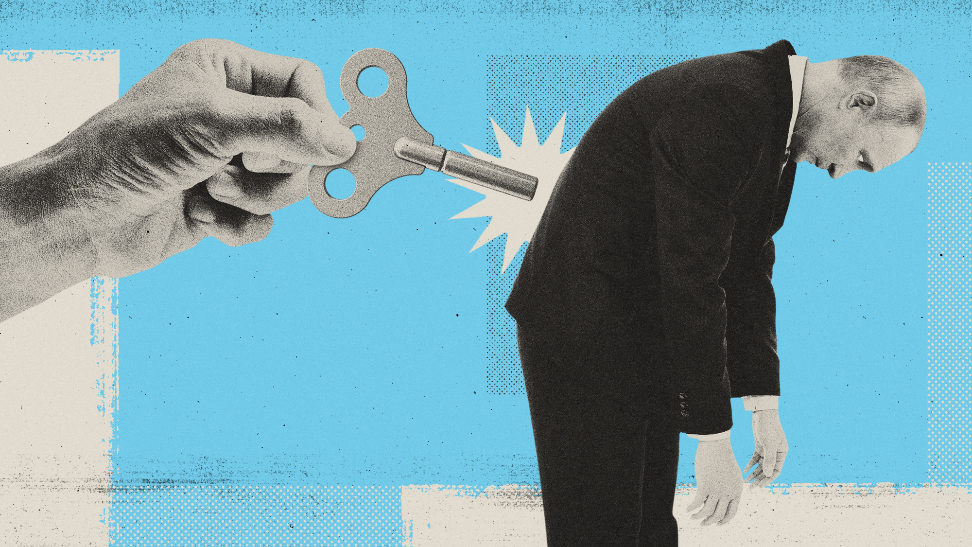 Photo composite illustration of a hand removing a winding key from an exhausted Vladimir Putin