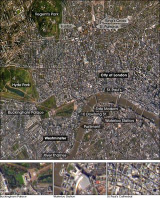 A close-up of London and its landmarks that is part of a photo taken by an astronaut aboard the International Space Station on April 2, 2005.