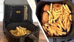 Air fryer with drawer open showing cooked fries, and close-up of fries and chicken nuggets in air fryer