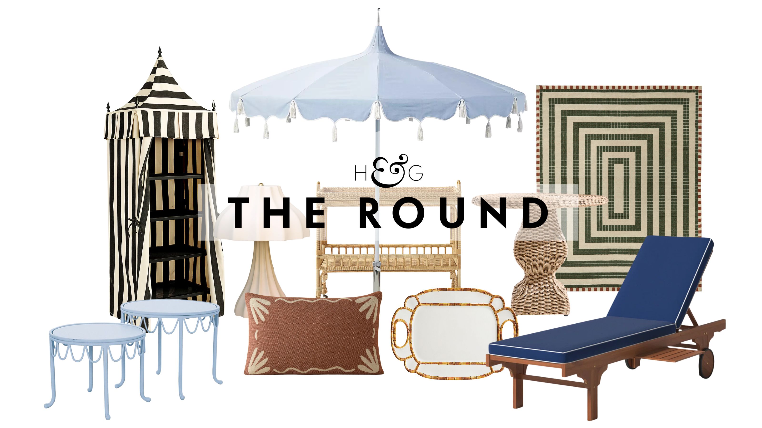 Resort-style outdoor furniture and decor, including side tables, an outdoor umbrella, chaise lounge, and a geometric patio rug, pictured against a white background