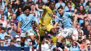 Eberechi Eze evades the Manchester City players in the build up to the FA Cup final.