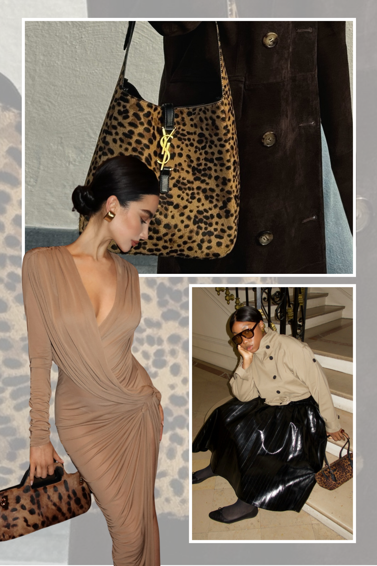 A selection of stylish fashion people carrying a variety of leopard print handbags