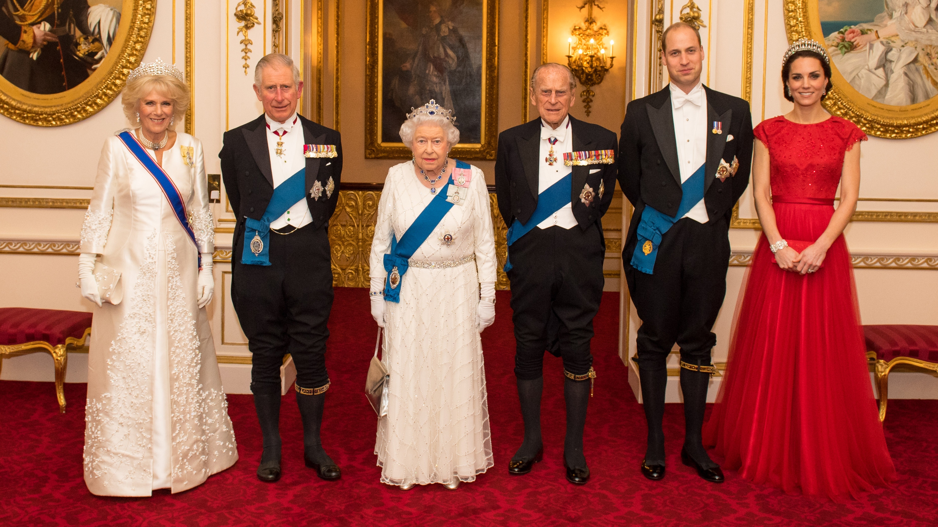 Queen Camilla, King Charles, Queen Elizabeth II, Prince Philip, Prince William and Catherine, Princess of Wales arrive for the annual evening reception for members of the Diplomatic Corps at Buckingham Palace on December 8, 2016