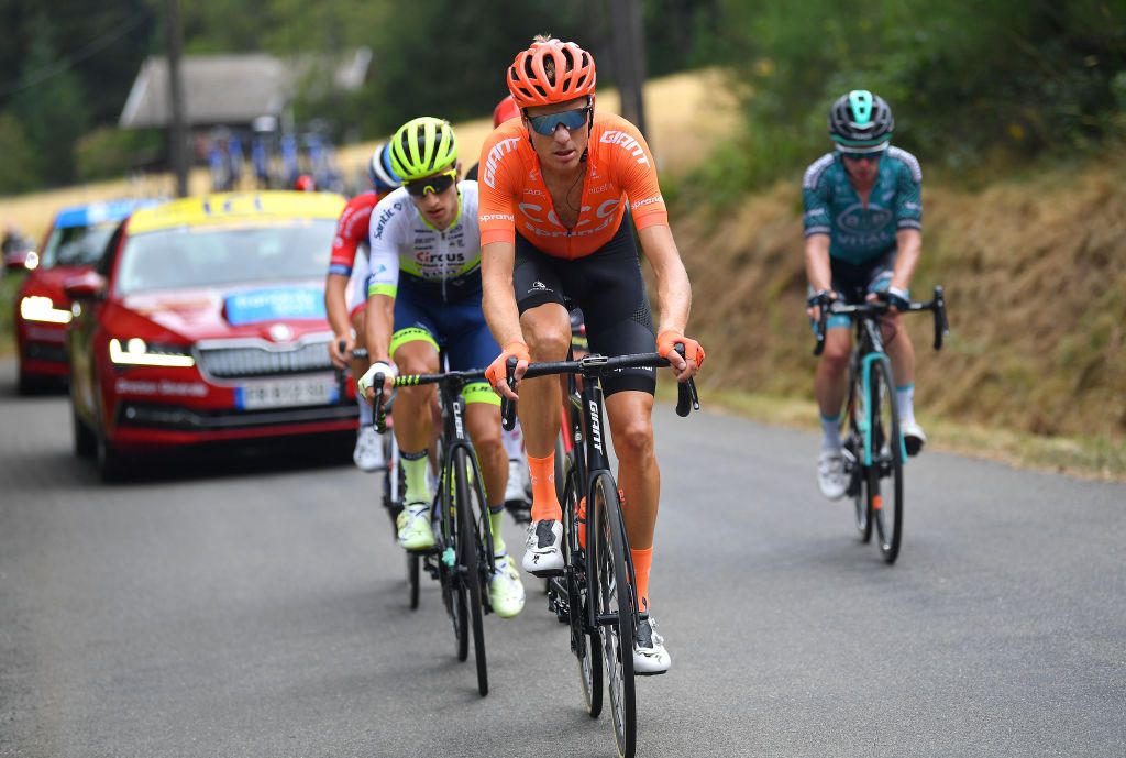 SAINT CHRISTO EN JAREZ FRANCE AUGUST 12 Michael Schar of Switzerland and CCC Team Quinten Hermans of Belgium and Team Circus Wanty Gobert Tom Jelte Slagter of The Netherlands and Team BB Hotels Vital Concept Niccolo Bonifazio of Italy and Team Total Direct Energie Brent Van Moer of Belgium and Team Lotto Soudal Breakaway during the 72nd Criterium du Dauphine 2020 Stage 1 a 2185km stage from Clermont Ferrand to Saint Christo en Jarez 752m dauphine Dauphin on August 12 2020 in Saint Christo en Jarez France Photo by Justin SetterfieldGetty Images