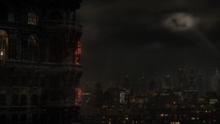 Screenshot of the Bat Signal in the sky in The Penguin finale