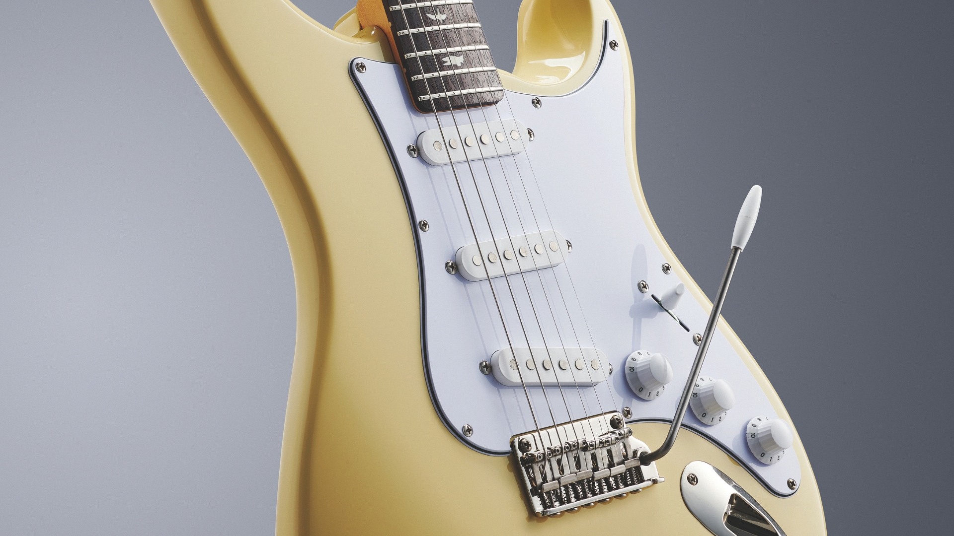 A PRS SE Silver Sky electric guitar on a grey background