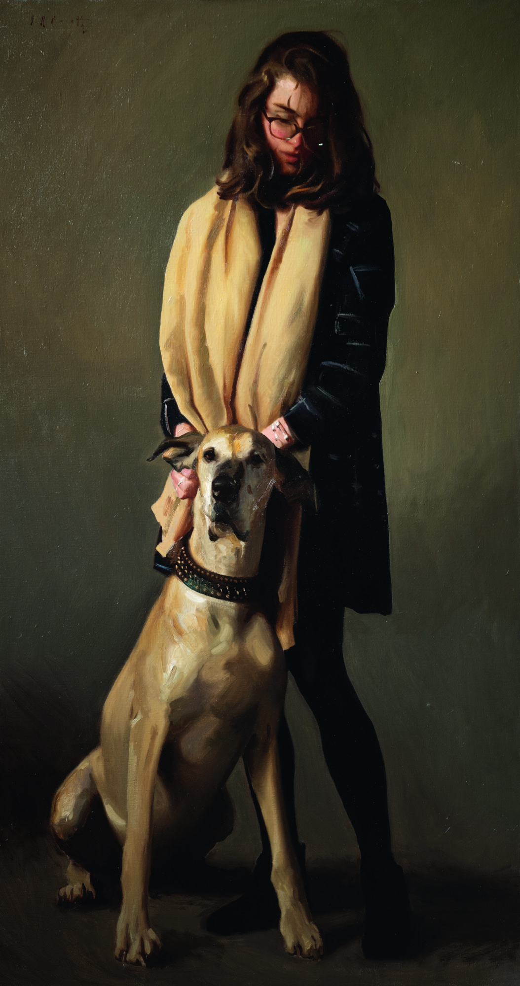 A portrait of a woman and her big dog