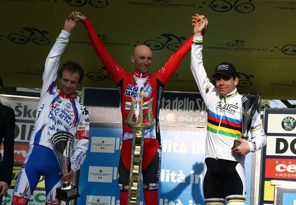 The final Tirreno-Adriatico podium: Scarponi, Garzelli and Evans.