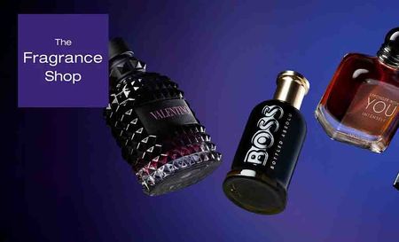 The Fragrance shop top left with pictures of mens perfume in front of a purple background