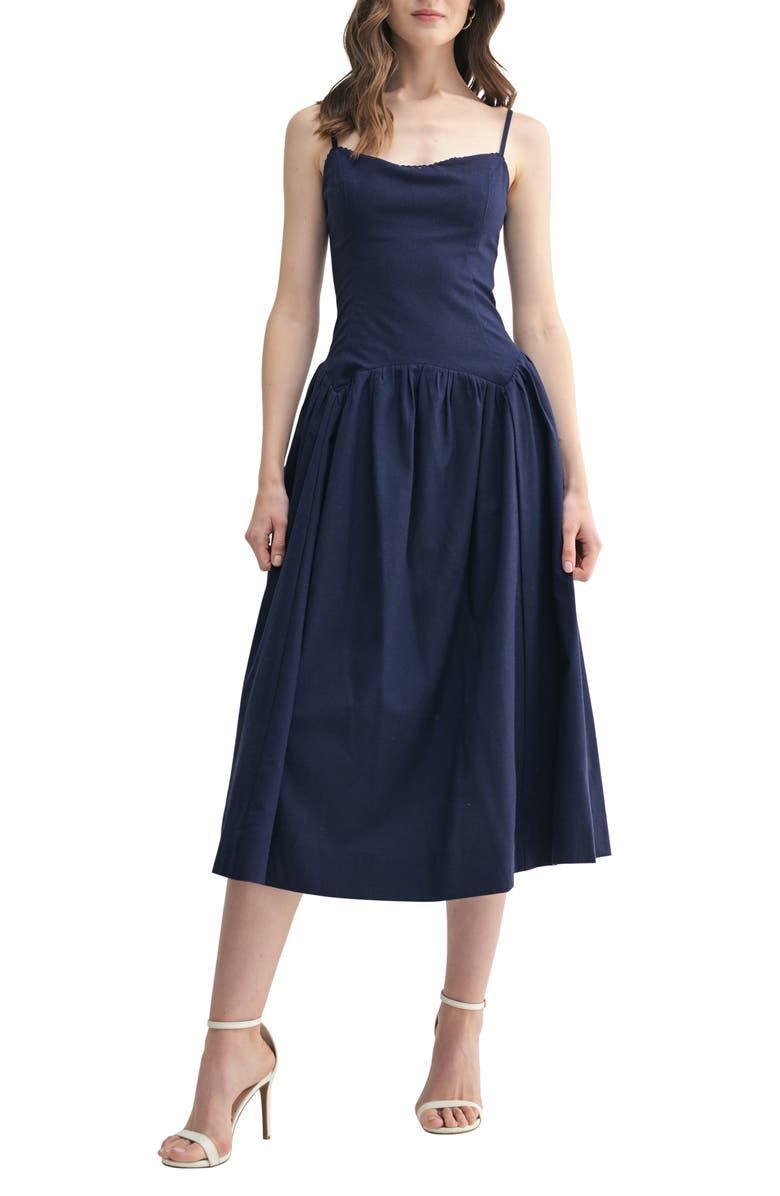 Drop Waist Cotton & Linen Midi Dress
