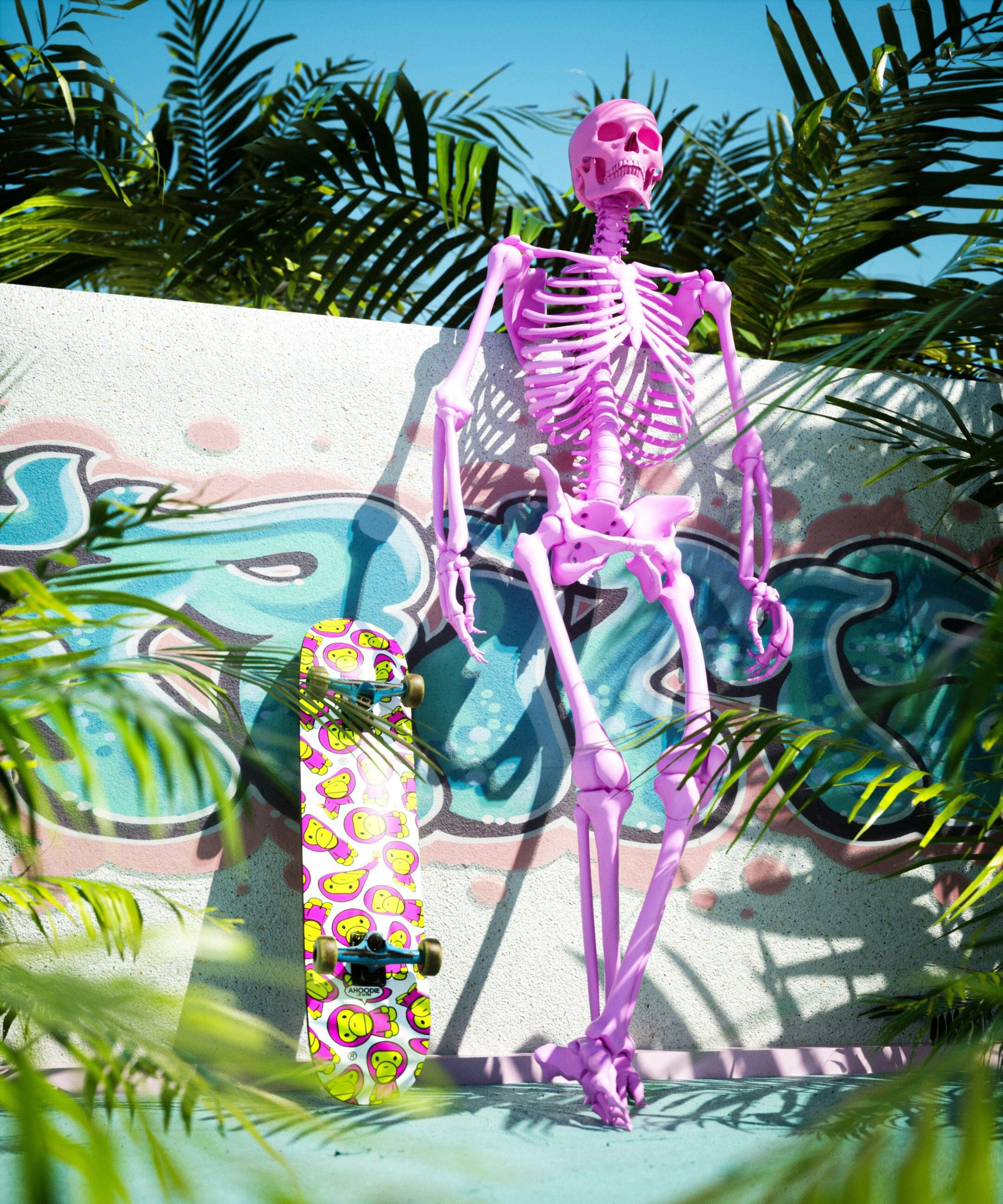 Purple skeleton next to purple and yellow skateboard, with palm trees above