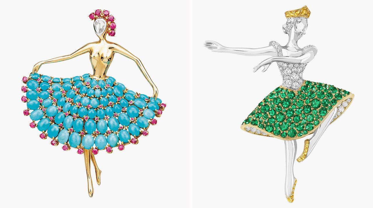 Two ballerinas in gold and silver studded with colourful stones