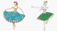 Two ballerinas in gold and silver studded with colourful stones