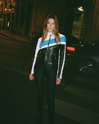 Woman wearing vintage leather jacket