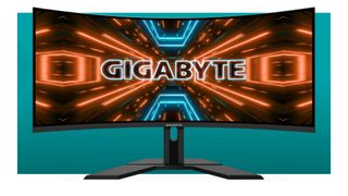 Gigabyte 34 inch gaming monitor on a blue background