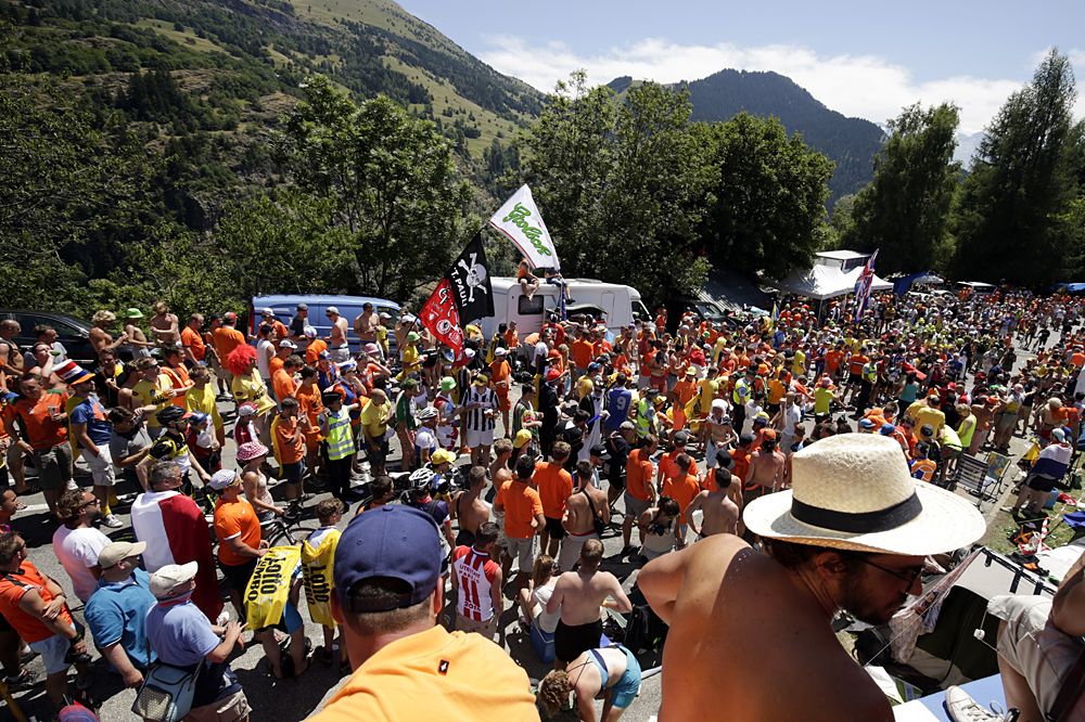 Supporters are pictured at l'Alpe d'Huez's Dutch Corner