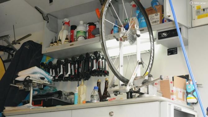 A part-glued tubular rim on Astana's truck and vast selection of stems