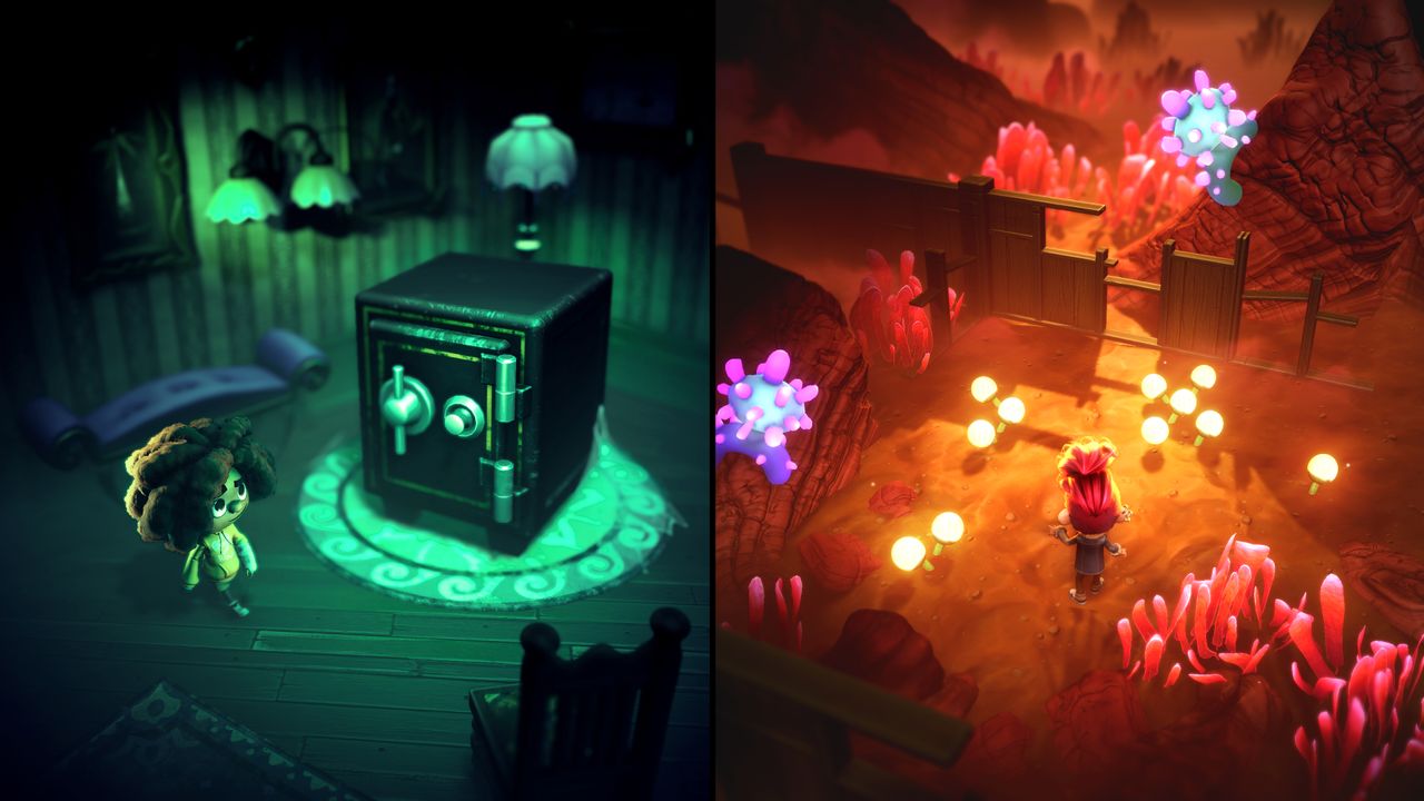 A kid looking at a safe and a kid looking at a fence in split-screen co-op