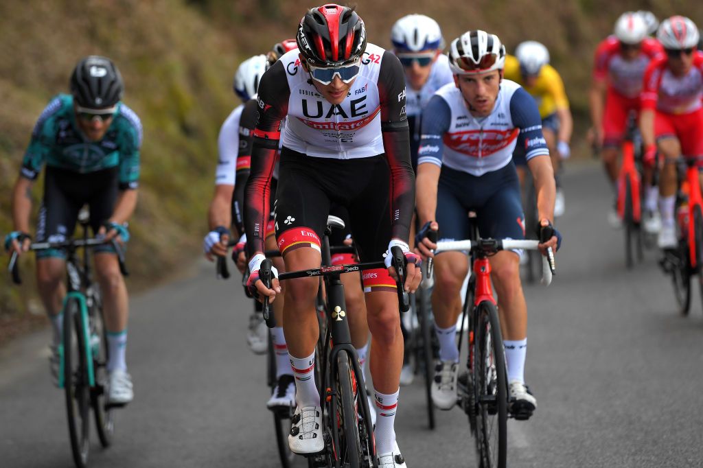 BLAUSASC FRANCE FEBRUARY 21 Joseph Lloyd Dombrowski of The United States and UAE Team Emirates Giulio Ciccone of Italy and Team Trek Segafredo during the 53rd Tour Des Alpes Maritimes Et Du Var Stage 3 a 1347km stage from Blausasc to Blausasc letour0683 on February 21 2021 in Blausasc France Photo by Luc ClaessenGetty Images