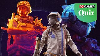 Arc Raiders Geoguesser quiz: Key art for the game showing three raiders posing. The one on the left is hued orange while the one on the right is tinted blue. The central figure is depicted as standard.