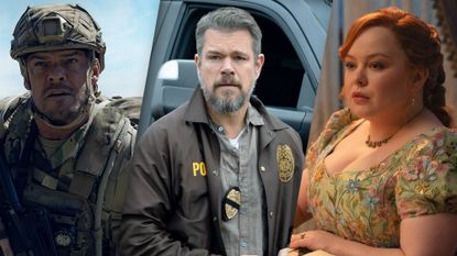 (From L to R) Alan Ritchson as 81 in War Machine; Matt Damon as Lieutenant Dane Dumars in "The Rip"; and Nicola Coughlan in Bridgerton season 4