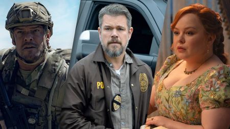 (From L to R) Alan Ritchson as 81 in War Machine; Matt Damon as Lieutenant Dane Dumars in "The Rip"; and Nicola Coughlan in Bridgerton season 4