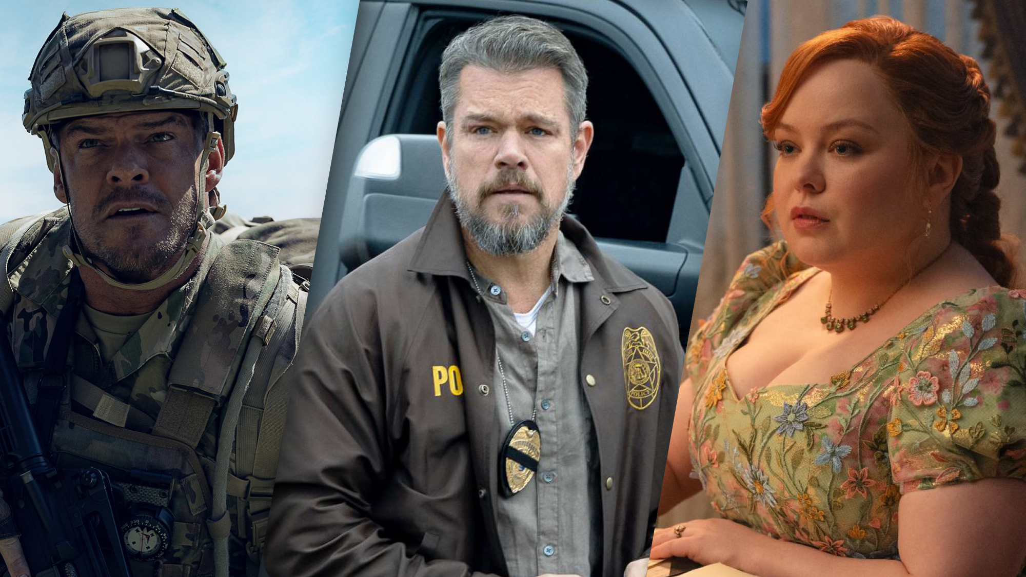 (From L to R) Alan Ritchson as 81 in War Machine; Matt Damon as Lieutenant Dane Dumars in "The Rip"; and Nicola Coughlan in Bridgerton season 4
