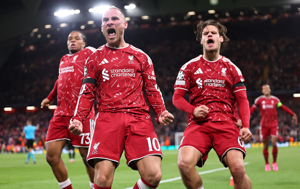  Alexis Mac Allister of Liverpool celebrates after scoring a goal to make it 2-1 during the UEFA Champions League 2026/27 League Phase MD1 match between Liverpool FC and Atletico de Madrid