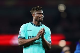 LONDON, ENGLAND - DECEMBER 13: Emmanuel Agbadou of Wolverhampton Wanderers applauds the fans following the Premier League match between Arsenal and Wolverhampton Wanderers at Emirates Stadium on December 13, 2025 in London, England. (Photo by Brett Patzke - WWFC/Wolves via Getty Images)
