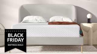 The Leesa Sapira Hybrid Mattress placed on a grey bedframe in a white bedroom with a Black Friday sale bade overlaid
