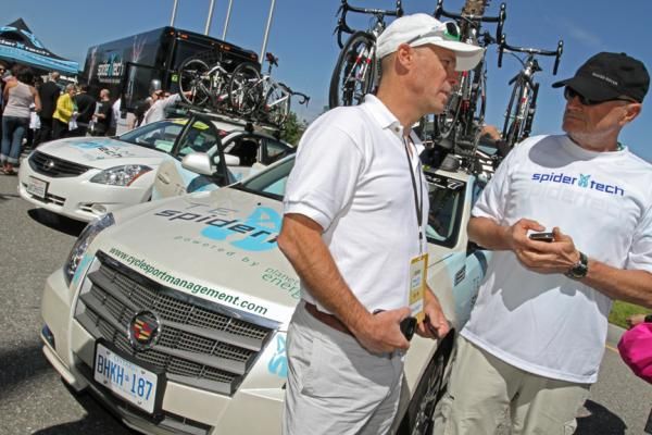 SpiderTech founder Ray Arbesman, left, chats with Team SpiderTech DS Steve Bauer before the start in San Jose. Arbesman turned Spidertech into a business after he required physical rehabilitation himself.