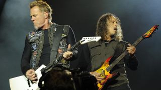 Metallica's James Hetfield and Kirk Hammett onstage in 2012