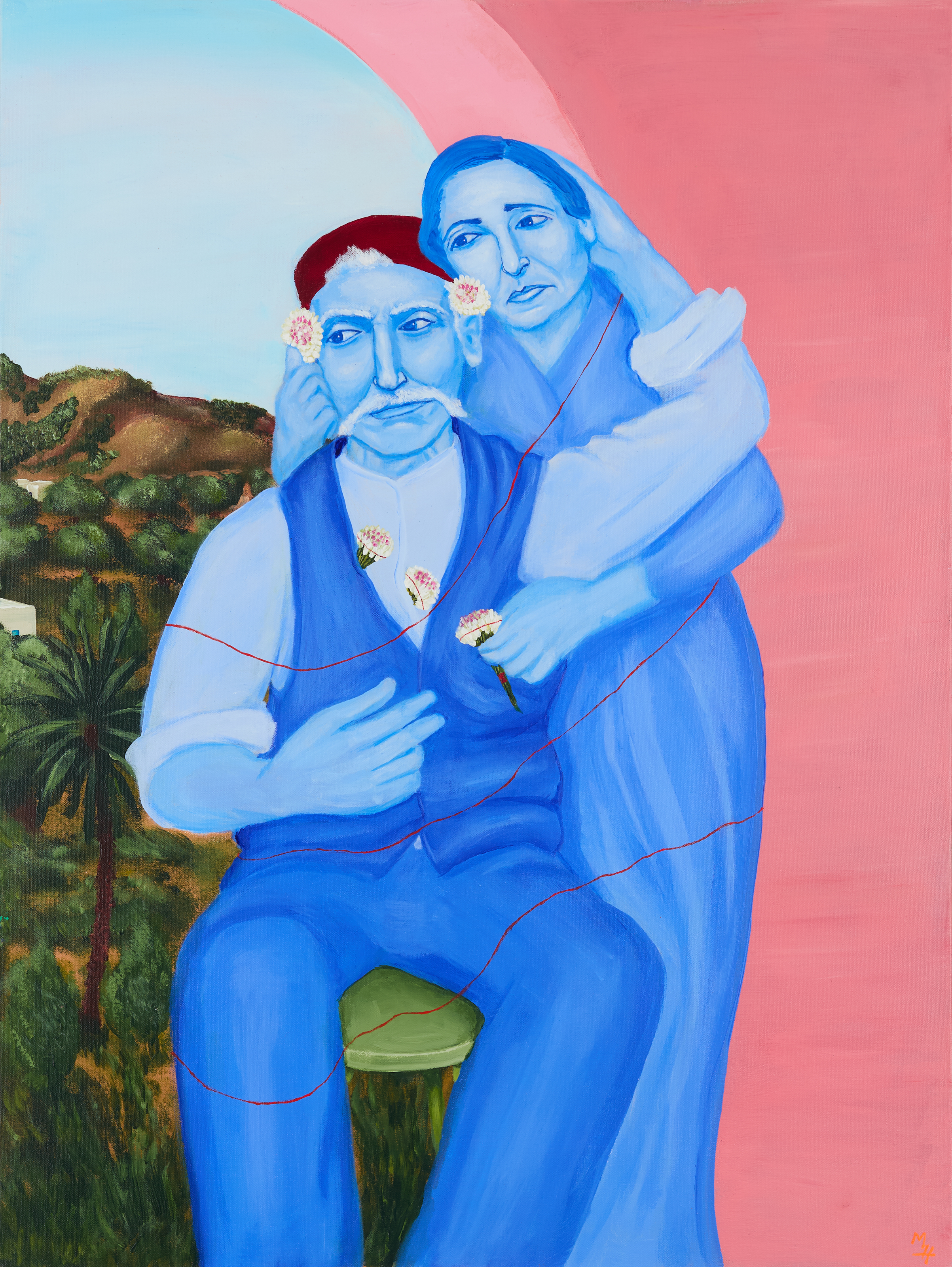 painting of blue couple holding each other and looking sorrowful
