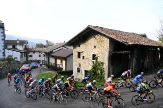 SAN DANIELE DEL FRIULI ITALY OCTOBER 20 Ben Oconnor of Australia and NTT Pro Cycling Team Francois Bidard of France and Team Ag2R La Mondiale Geoffrey Bouchard of France and Team Ag2R La Mondiale Ruben Guerreiro of Portugal and Team EF Pro Cycling Joey Rosskopf of The United States and CCC Team Giovanni Visconti of Italy and Team Vini Zabu KTM Blue Mountain Jersey San Leonardo Village Santuario di Castelmonte 589m Breakaway Peloton during the 103rd Giro dItalia 2020 Stage 16 a 229km stage from Udine to San Daniele Del Friuli 249m girodiitalia Giro on October 20 2020 in San Daniele Del Friuli Italy Photo by Tim de WaeleGetty Images