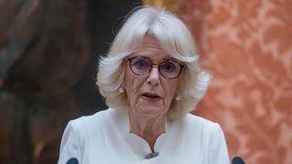 Camilla, Queen Consort speaks during a reception to raise awareness of violence against women and girls