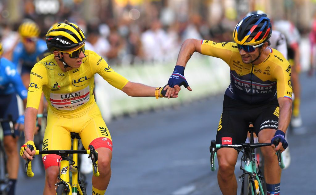 PARIS FRANCE SEPTEMBER 20 Arrival Jan Polanc of Slovenia and UAE Team Emirates Tadej Pogacar of Slovenia and UAE Team Emirates Yellow Leader Jersey Primoz Roglic of Slovenia and Team Jumbo Visma during the 107th Tour de France 2020 Stage 21 a 122km stage from MantesLaJolie to Paris Champslyses TDF2020 LeTour on September 20 2020 in Paris France Photo by Tim de WaeleGetty Images