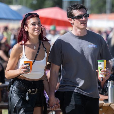 Dua Lipa and Callum Turner during day four of Glastonbury Festival 2024 at Worthy Farm, Pilton on June 29, 2024 in Glastonbury, England. 