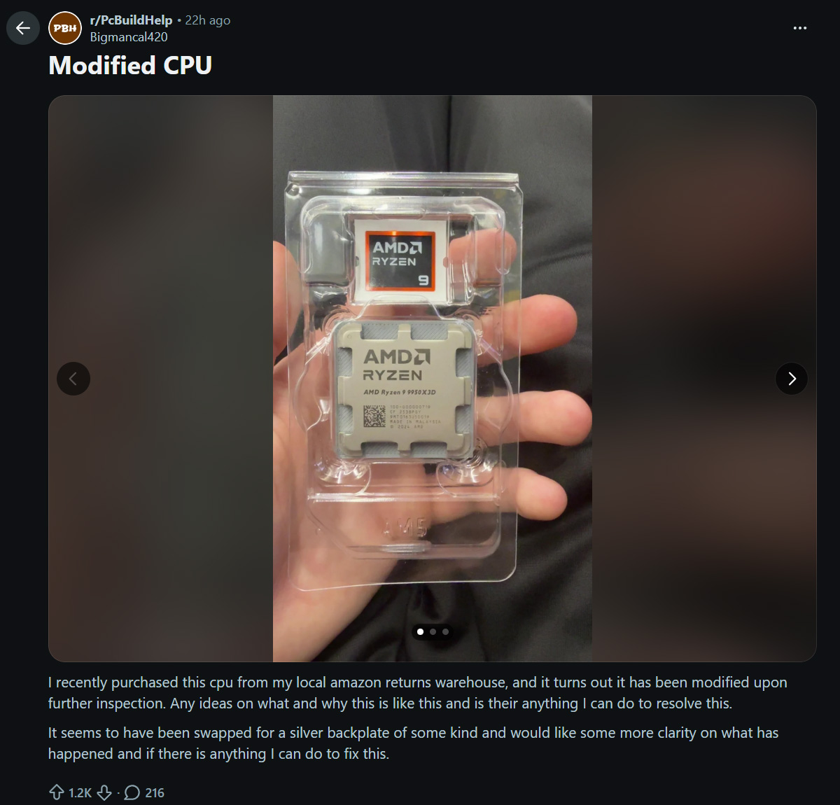 Reddit post about fake 3D-printed 9950X3D