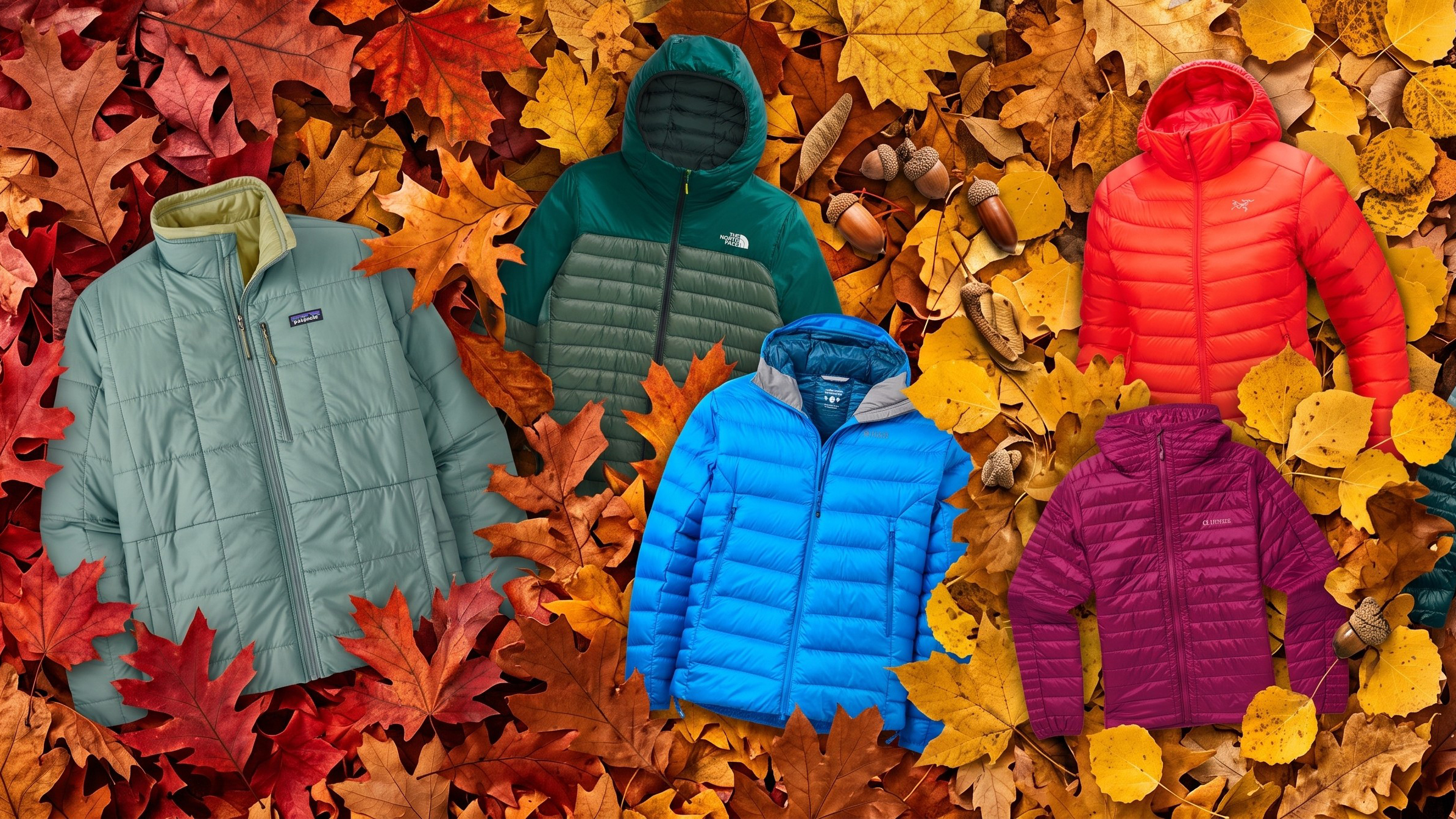 Selection of lightweight down jackets against a background of Fall leaves