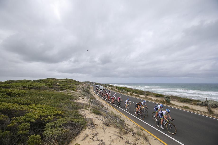 The peloton reached the coast line just out of Barwon Heads.