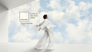pantone colour of the year image of female in large space looking at white clouds in blue sky