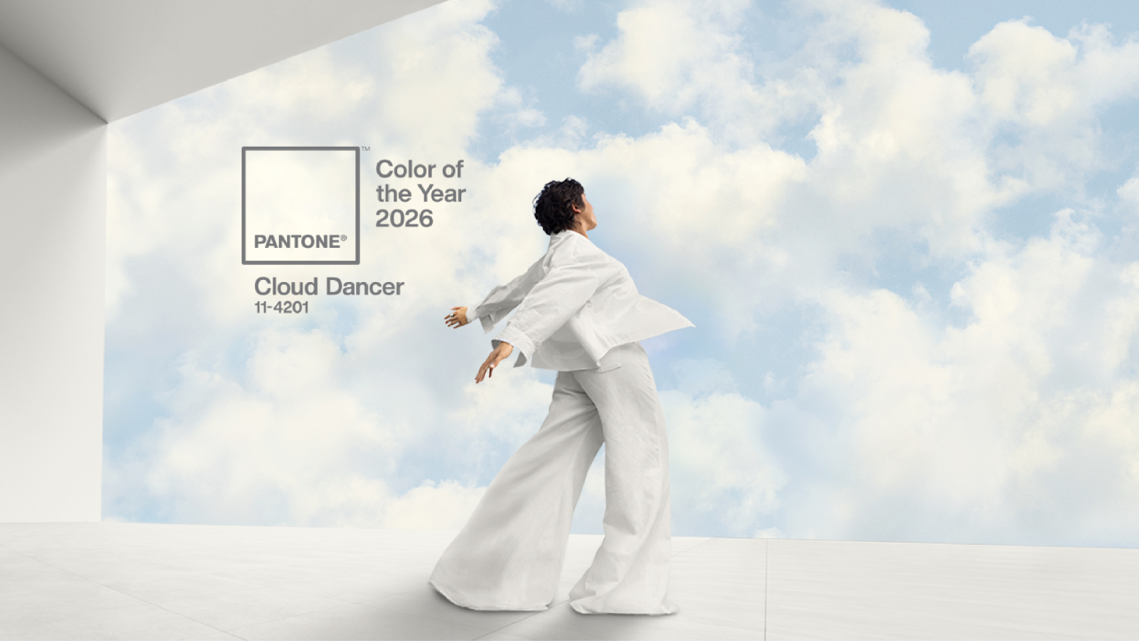 pantone colour of the year image of female in large space looking at white clouds in blue sky