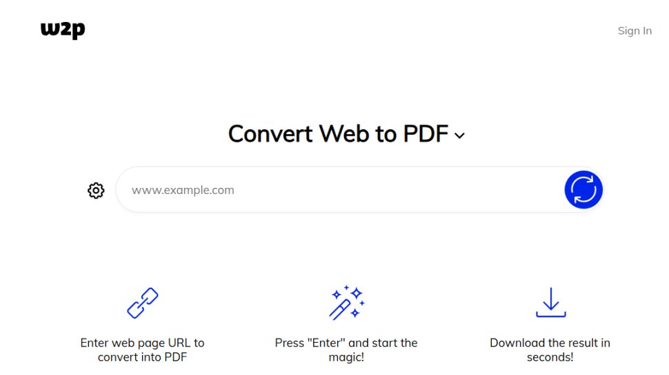 Website screenshot of Web2PDF (July, 2025)