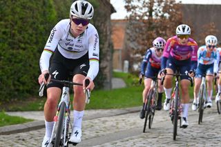 WAREGEM BELGIUM MARCH 27 Lotte Kopecky of Belgium and Team SD Worx Protime competes passing through a Holleweg cobblestones sector during the 12nd Dwars door Vlaanderen 2024 Womens Elite a 1299km one day race from Waregem to Waregem on March 27 2024 in Waregem Belgium Photo by Luc ClaessenGetty Images